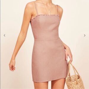 Reformation Pink Blush Mini Dress with Ruffle 100% Linen Size 2